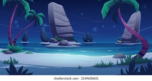 Ocean Beach With Palm Trees And Rocks In Water At Night. Vector Cartoon Illustration Of Seascape, Tropical Landscape With Sand Shore, Rocks, Trees In Moonlight And Shiny Stars In Sky