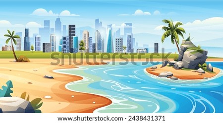 Ocean beach panorama with palm trees, small island and cityscape view. Tropical beach with city landscape cartoon illustration