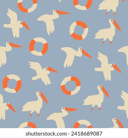 Ocean beach pelicans and lifebuoy seamless pattern in vector. 