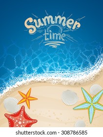 Ocean and Beach Sand. Sea shells and starfish on the beach. Sand as background for summer design.