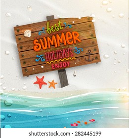 Ocean and Beach Sand. Wooden Plaque with Lettering. Sunshine. Sea shells, anchor and starfish on the beach. Sand as background for summer design. Calligraphic design element. Sea Water with Waves.