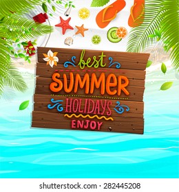 Ocean and Beach Sand. Wooden Plaque with Lettering. Sunshine. Sea shells, anchor and starfish on the beach. Sand as background for summer design. Calligraphic design element. Sea Water with Waves.