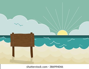 Ocean and Beach Sand. Wooden Plaque with "Enjoy Summer Holidays" Life holiday at sea of sunset, Vector illustration.