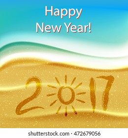 Ocean beach or sea line. 2017, happy new year greeting card. Sea wave. Handdrawn symbols