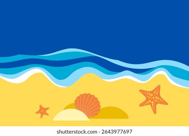 Ocean and beach with seashells and starfish. Summer concept vector illustration.