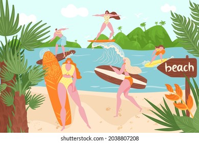 Ocean beach, summer surfing in water, vector illustration, flat woman man character at surfboard, vacation sport activity at sea wave.