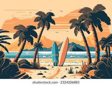 Ocean beach with surfboards. Surfing on the island against the background of mountains and palm trees. Vector flat illustration EPS 10