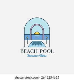 Ocean beach swimming pool logo design concept. Luxury beach resort with elegant pool badge logo symbol sign