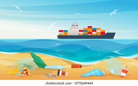 Ocean beach with trash and plastic waste. Plastic bottles, bags, organic waste and other rubbish on the sand. Cargo ship on the horizon. Vector illustration   