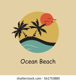 Ocean beach - typography for design clothes, t-shirts. Palm, sun, gull, ocean, wave. Graphics for print product and company logo. Vector illustration.