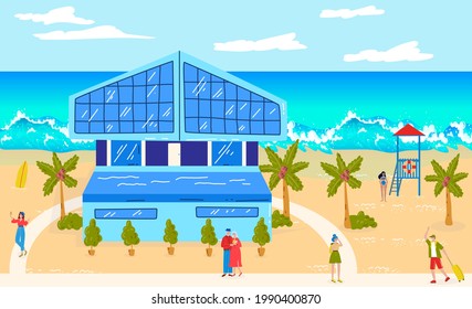 Ocean beach vacation at summer, vector illustration, hotel at tropical sea, people man woman character travel at resort, old couple near water