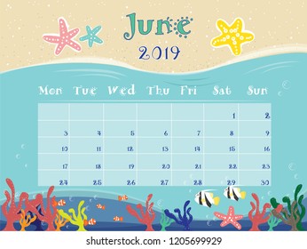 the ocean beach vector calendar for June 2019.