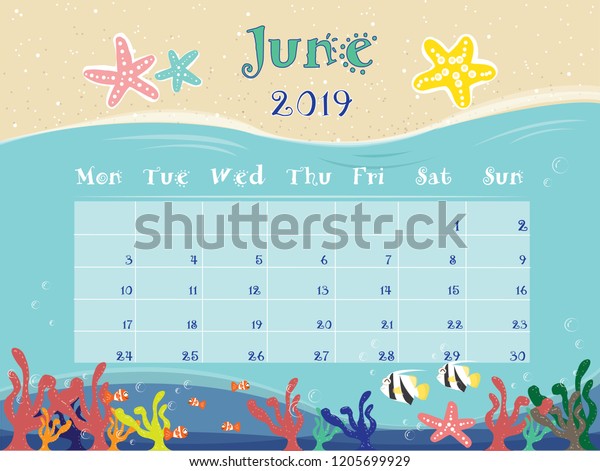 Ocean Beach Vector Calendar June 2019 Stock Vector Royalty