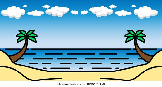 Playa del océano, olas y cielo azul con nubes blancas. Ilustración vectorial en segundo plano
