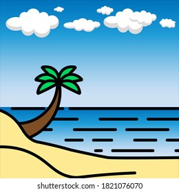 Ocean beach, waves and blue sky with white clouds. Vector Illustration on background