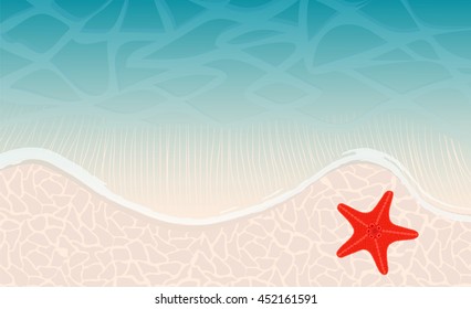 Ocean beach with waves and sand and red star-fish