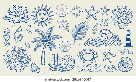 Ocean and beach-themed blue line illustrations with coastal motifs on beige background