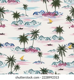 ocean Beautiful seamless island with palm pattern on background