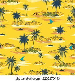 ocean Beautiful seamless island with palm pattern on yellow background