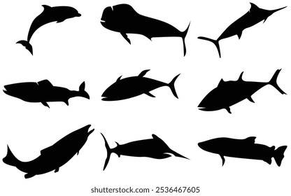 Oceano grande peixe e tubarão vetor silhueta ícone conjunto ilustração.