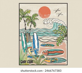 Ocean big wave. birds fly sky. Summer slogan t-shirt. Surf club design. Tropical island art for fashion and others. Summer abstract art. Sunshine paradise graphic print design.