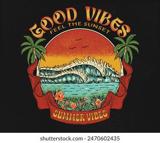 Ocean big wave hand sketch. Summer slogan t-shirt. Surf club design.  Surfing board. Summer abstract art. Sunshine paradise graphic print design. Tropical island art. Tropical flower.