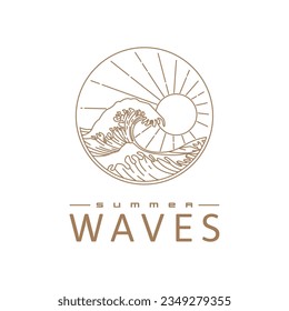 logotipo de ilustración de olas grandes oceánicas para resort, hotel o playa, símbolo de playa de estilo de arte lineal de verano