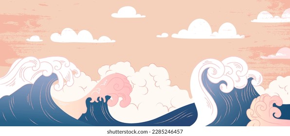 Ocean big wave. Poster or banner in Asian, Chinese and Japanese style. Beautiful natural panorama and seascape.