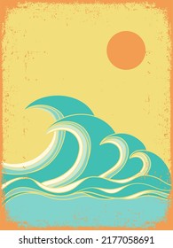 Ocean big waves old vintage poster with sunshine abstract background. Sea art landscape illustration