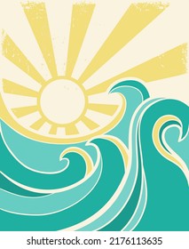 Ocean big waves vintage poster with yellow sun on old paper backgroound. Sea minimalist modern line art landscape illustration background