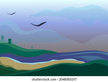 Ocean with a birds flat design