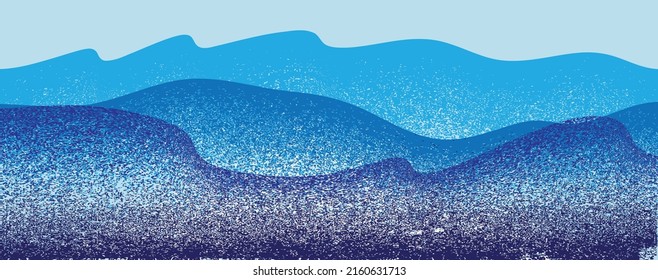 Olas abstractas oceánicas y azules.  Tormenta marina. Onda de estropajo de cepillo. El agua se salpicará. Ilustración vectorial. 