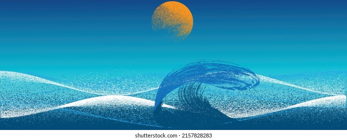 Ocean and Blue Abstract Waves . Sunset    . Brush Stroke wave . Vector Illustration. 