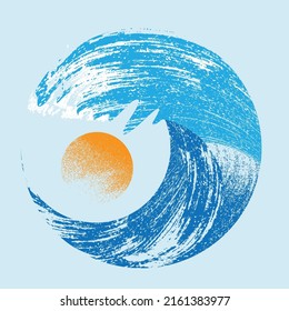 Ocean and Blue Abstract Waves . Sunset Logo Element. Surfing Icon . Brush Stroke wave . Vector Illustration. 