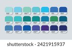 Ocean Blue Color Palette, Blue Color Code Guide Palette with Color Names, Catalog Samples Blue with RGB HEX codes. Sea Blue Colors Palette Vector. Plastic, Paints, Fashion Trending Water Blues Color