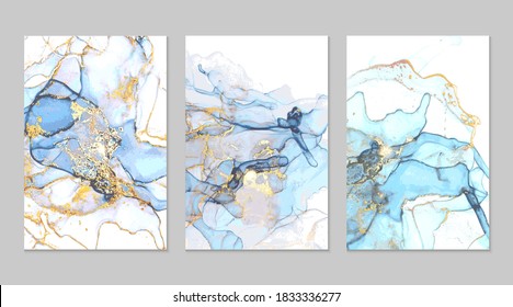 Ocean blue and gold marble abstract backgrounds in alcohol ink technique. Set of vector stone textures. Modern paint with glitter. Template for banner, poster design. Fluid art painting