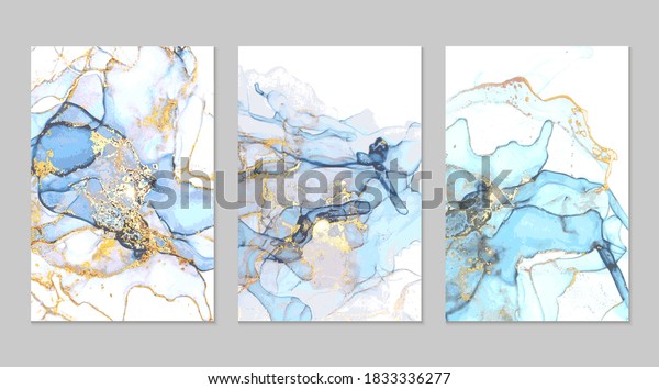 Ocean blue\
and gold marble abstract backgrounds in alcohol ink technique. Set\
of vector stone textures. Modern paint with glitter. Template for\
banner, poster design. Fluid art\
painting