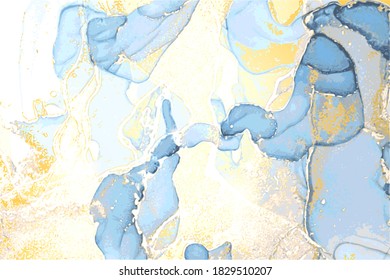 Azul océano y fondo de piedra dorada con textura de mármol. Técnica oriental de tinta de alcohol. Arte vector abstracto. Pintura de flujo moderno con brillo. Plantilla para banner, afiche.