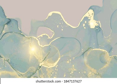 Ocean blue, grey and gold stone background with texture of marble. Alcohol ink oriental technique. Abstract vector art. Modern flow paint with glitter. Template for banner, poster.