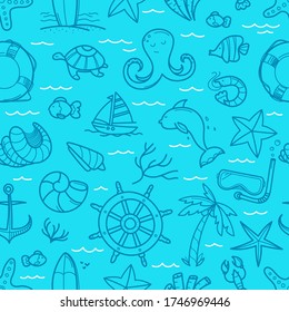 Ocean blue seamless background. Doodle vector elements 
