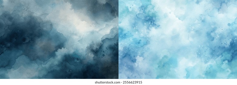 The ocean with a blue sky. The sky is filled with white clouds, and the ocean is a deep blue color. The painting has a sense of calmness and tranquility