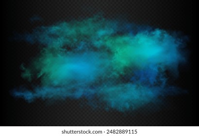 Ocean blue, teal, cobalt, azure, lapis colorful horizontal smoke cloud. Vector realistic water mist isolated on the semi transparent dark background.
