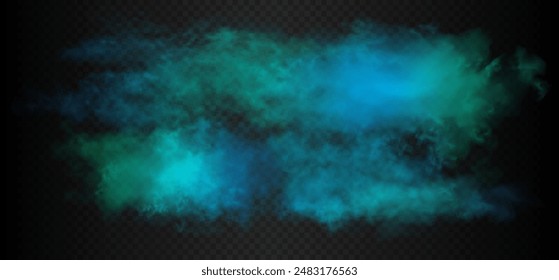 Ocean blue, teal, cobalt, azure, lapis colorful horizontal smoke cloud. Vector realistic water mist isolated on the semi transparent dark background.
