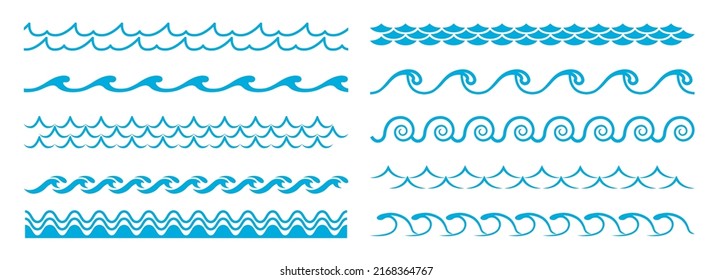 Ocean blue wave line, water pattern borders and frames. Vector sea wave dividers with wavy ornaments of stormy water, nautical frame lines of summer beach surf curves and swirls, page embellishments