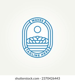 ocean blue wave minimalist badge line art logo template vector illustration design. . simple modern surfer, resort hotels, holiday emblem logo concept