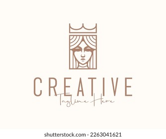 Ocean Blue Waves Logo Design Template. Royal Beauty Queen Wearing Crown with Line Art Style. Luxury Queen Logo