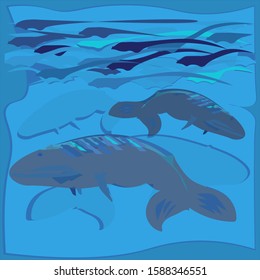 Ocean.Big blue whales.Illustration in shades of blue.Vector.

