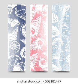 Ocean bookmarks template collection with sea shells and watercolor vector