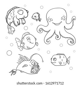 Ocean bottom. Coloring book page in doodle stile. Marine inhabitants, hand draw sketch.