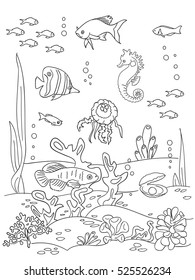 Ocean bottom. Coloring book page in doodle stile. Marine inhabitants, hand draw sketch.